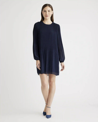 Chiffon Pleated Long Sleeve Mini Dress