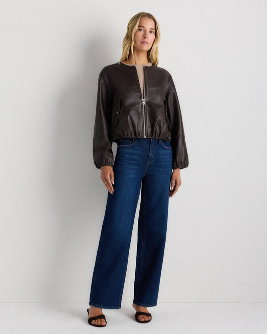100% Leather Collarless Cropped Bubble Hem Jacket