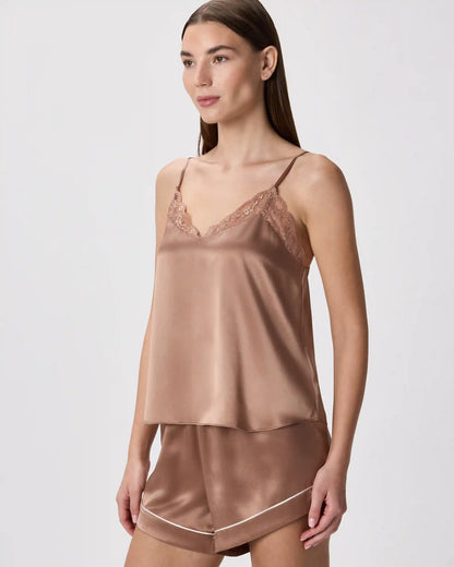 100% Washable Silk Satin Lace Cami Pajama Top