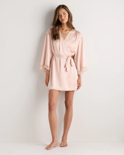 100% Washable Silk Satin Lace Trim Robe