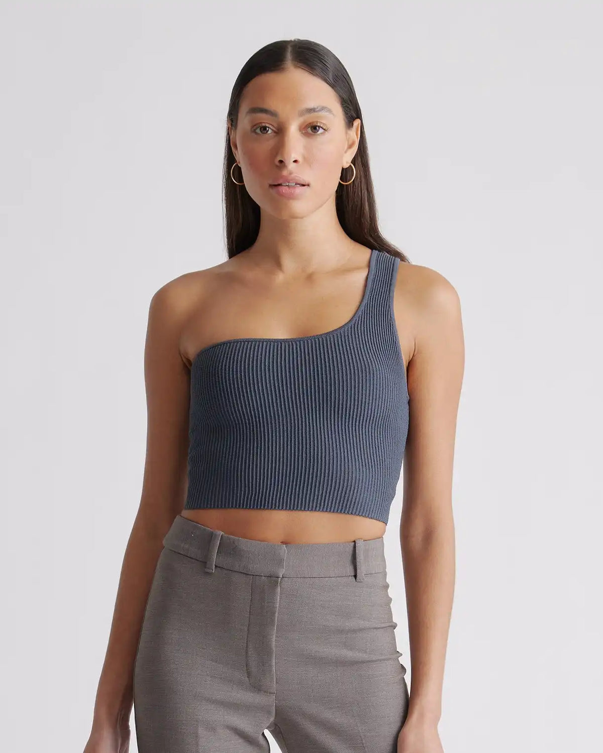 Cropped One Shoulder Ribbed Knit Tank