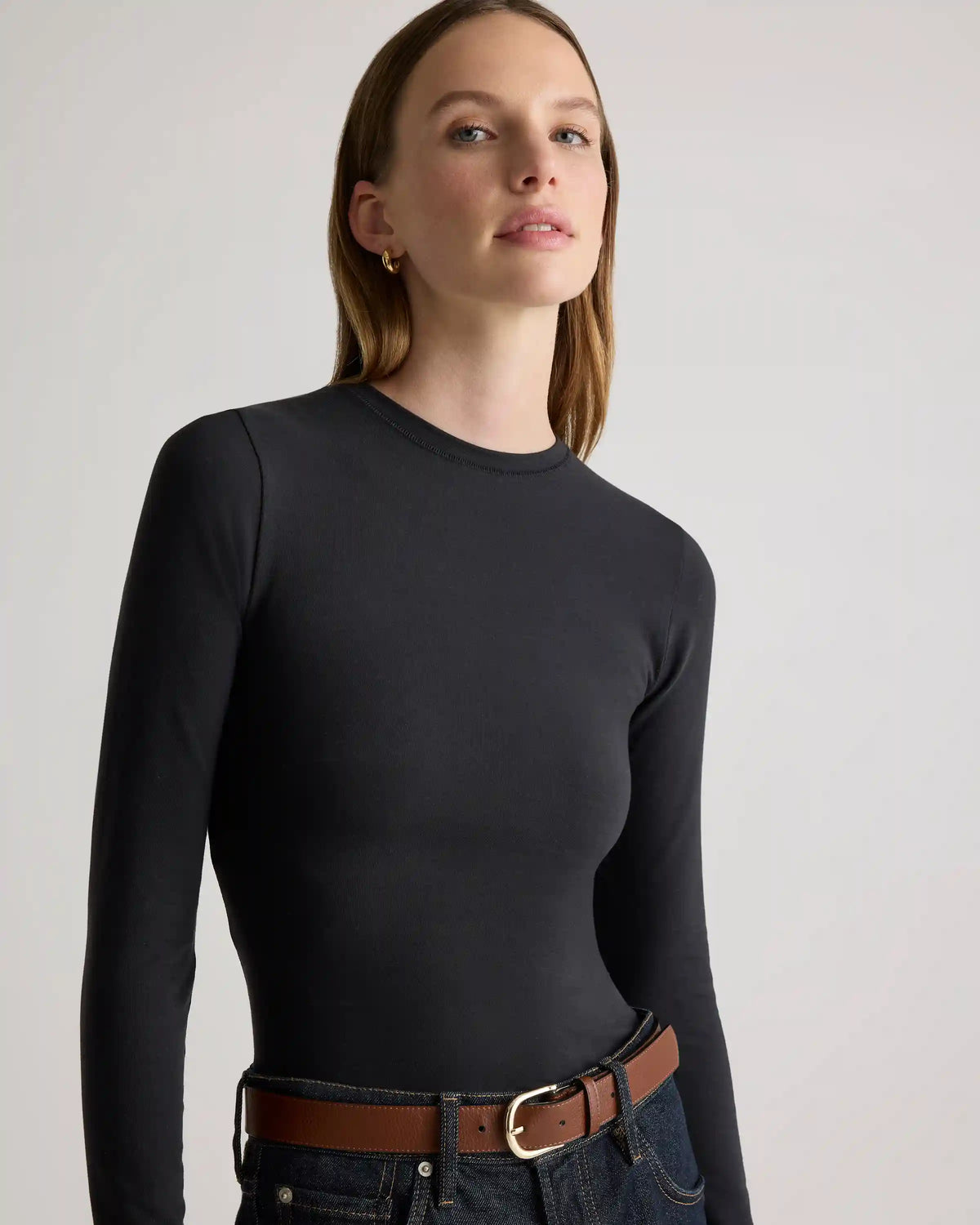 Stretch Cotton Jersey Fitted Long Sleeve T-Shirt