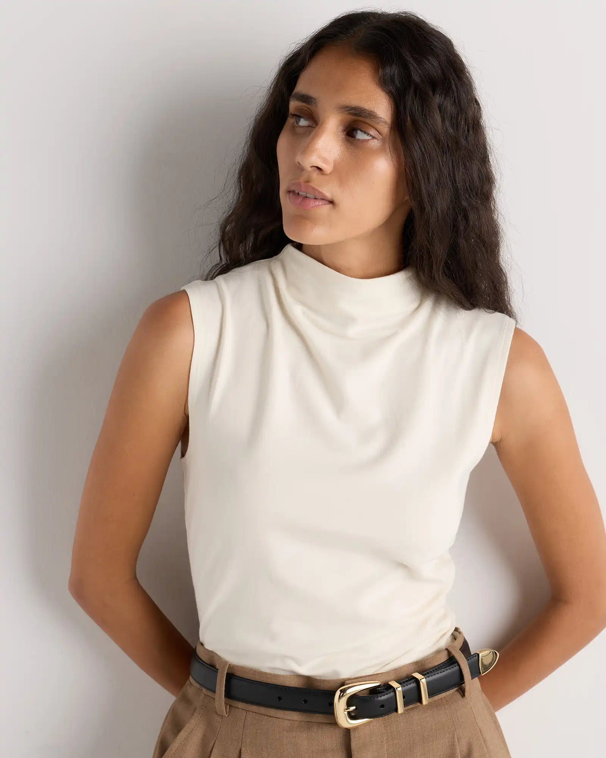 Stretch Cotton Jersey Sleeveless Mock Neck Top