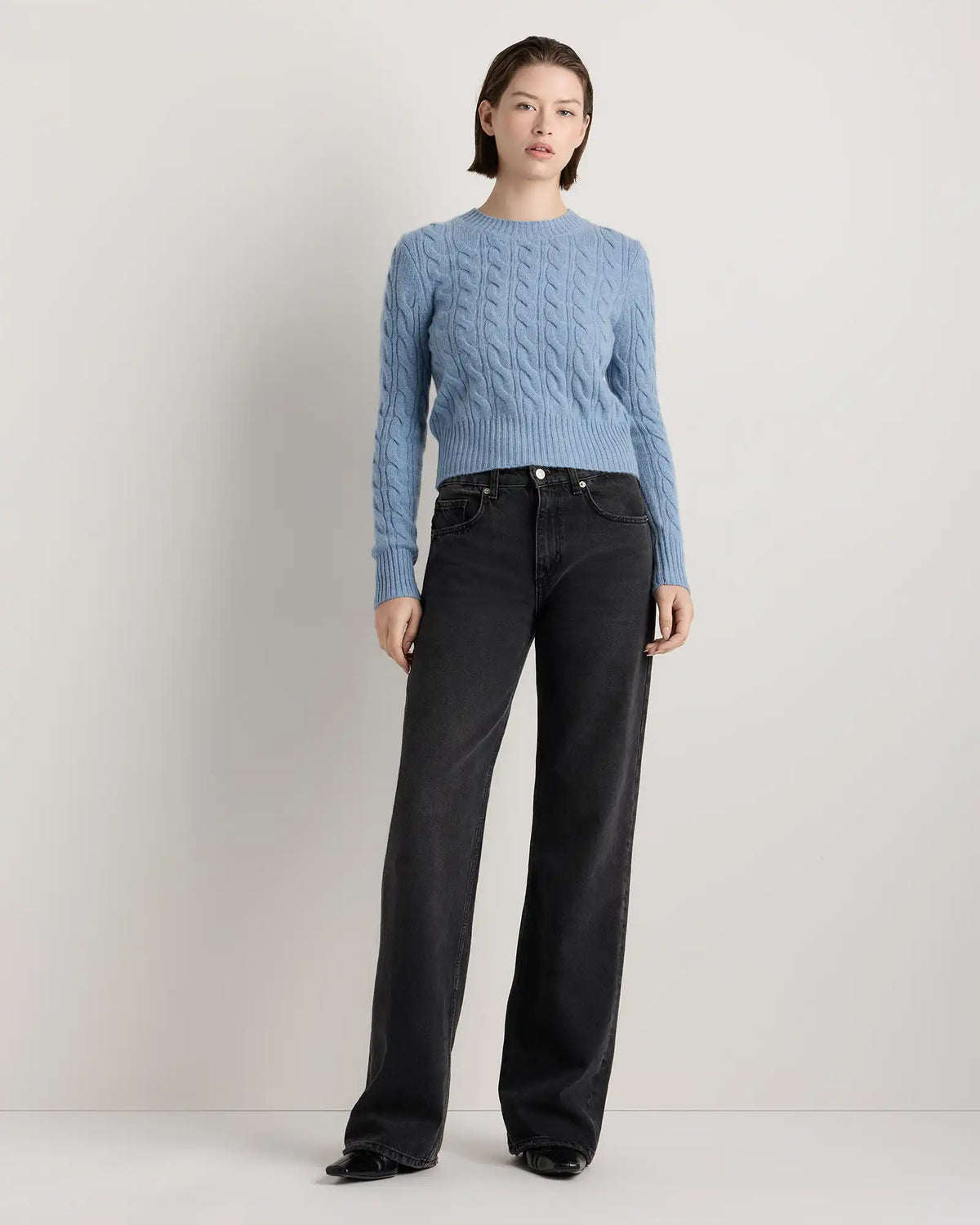 Mongolian Cashmere Shrunken Cable Crewneck Sweater