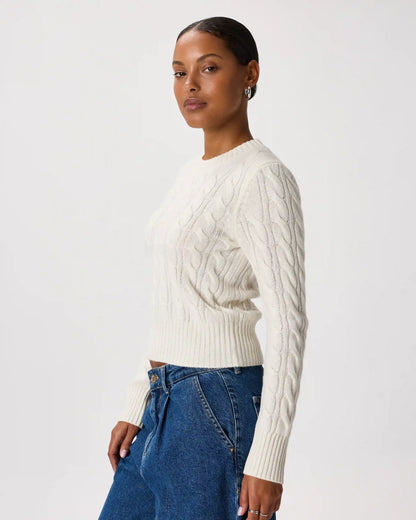 Mongolian Cashmere Shrunken Cable Crewneck Sweater
