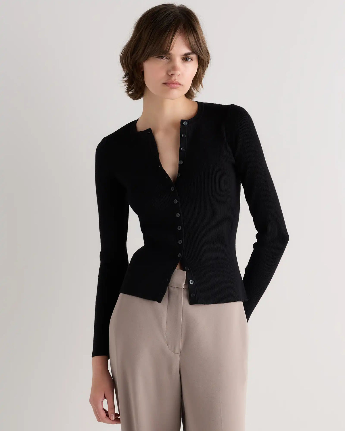 Cotton Cashmere Fitted Ribbed Cardigan