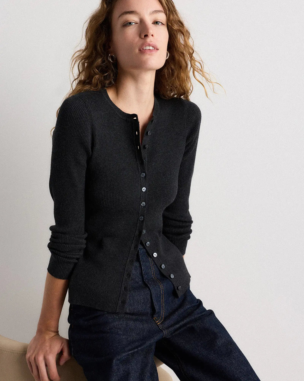 Cotton Cashmere Fitted Ribbed Cardigan