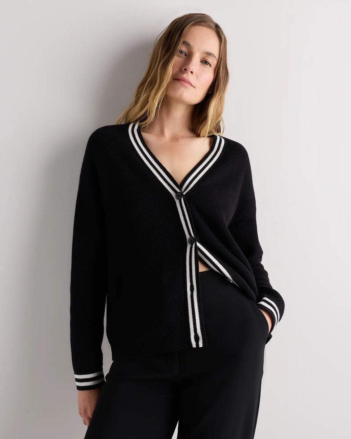 Cotton Cashmere Textured Varsity Cardigan