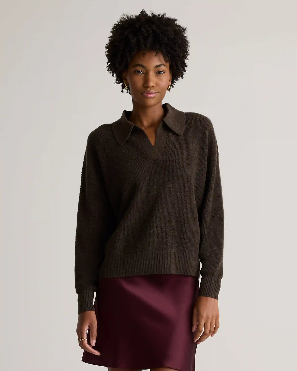 Baby Alpaca-Wool Waffle Stitch Polo Sweater