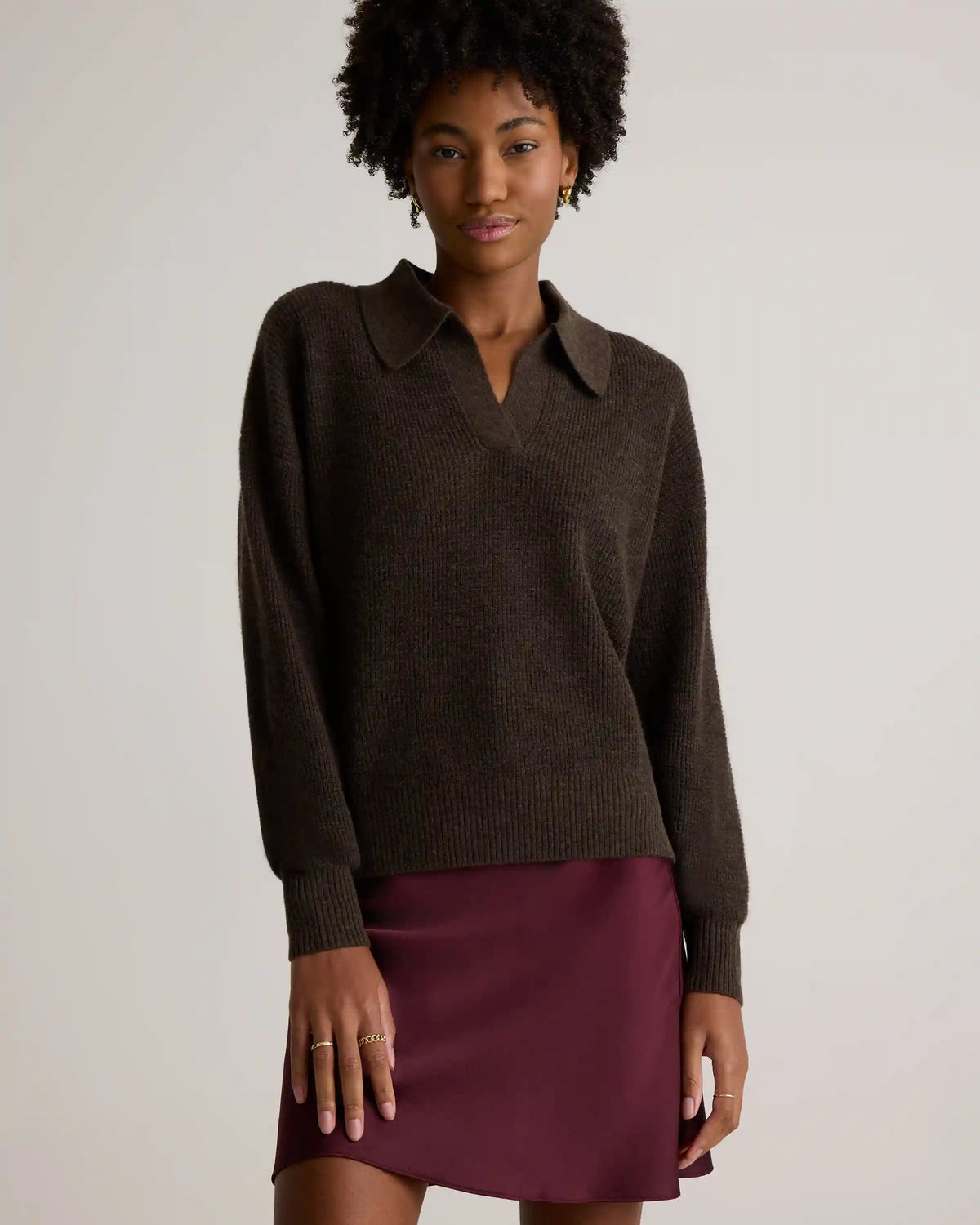 Baby Alpaca-Wool Waffle Stitch Polo Sweater