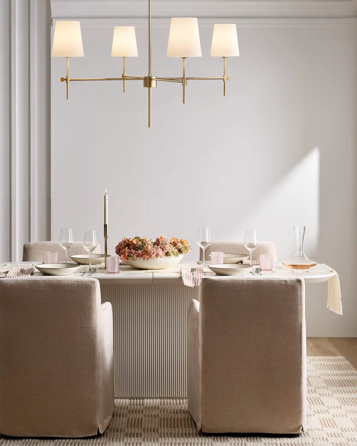 Linear Steel Chandelier with Linen Shades